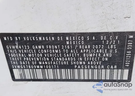 2021 Volkswagen Jetta 1.4T Sel Premium from USA, damaged, VIN 3VWG57BU9MM100171